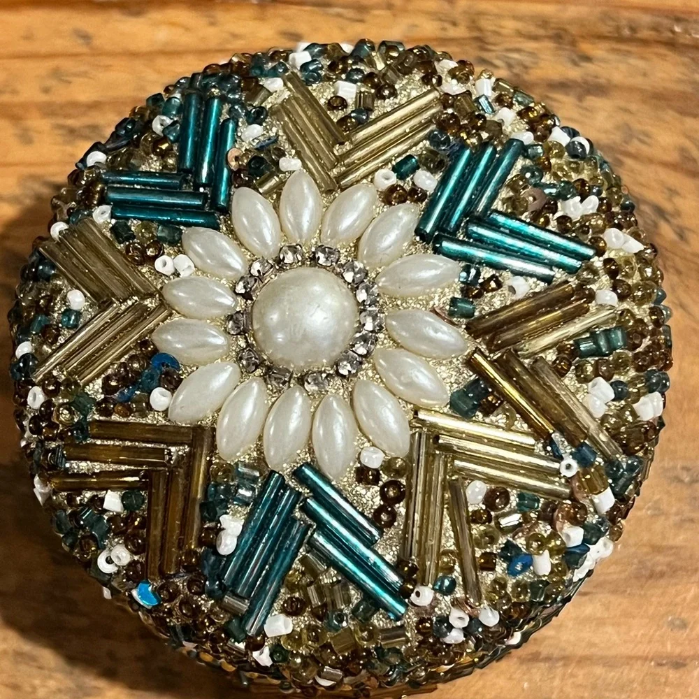 Hand made Vintage Round Domed Beaded Trinket Jewelry Box Metal Teal and Gold